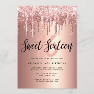 Invitación Elegante rosa purpurina de oro gotea dulce diecisé