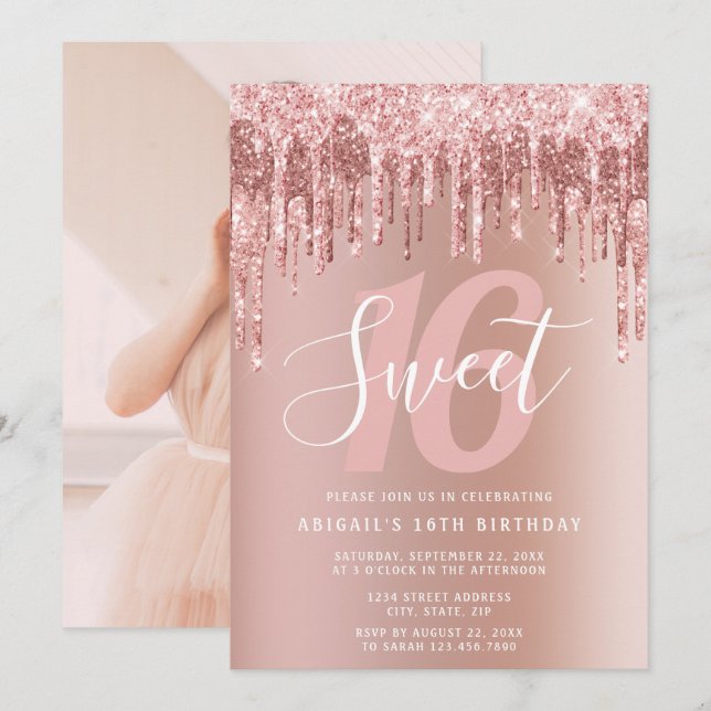 Invitación Elegante rosa purpurina de oro gotea dulce diecisé (Anverso / Reverso)