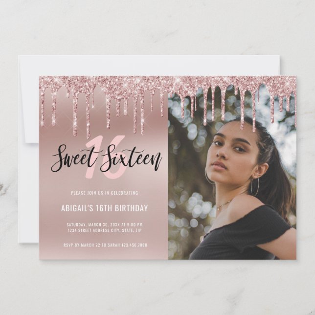 Invitación Elegante rosa purpurina de oro gotea dulce diecisé (Anverso)