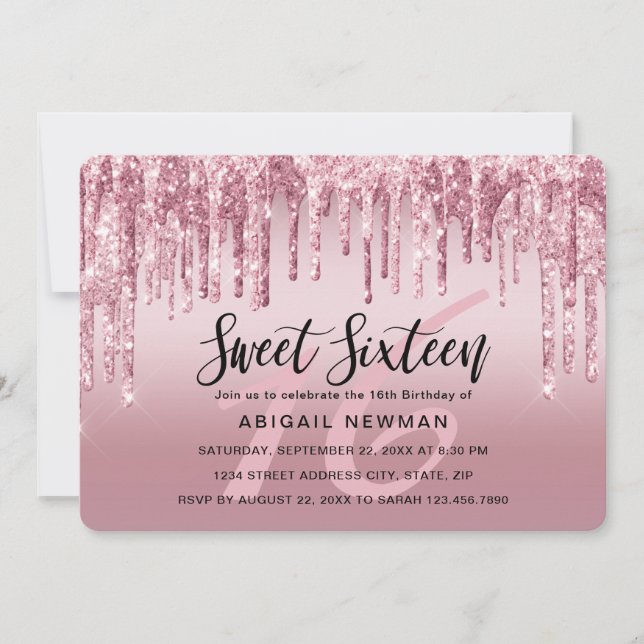 Invitación Elegante rosa purpurina de oro gotea dulce diecisé (Anverso)