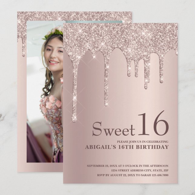 Invitación Elegante rosa purpurina de oro gotea dulce diecisé (Anverso / Reverso)