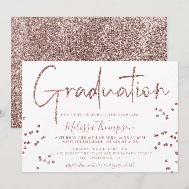 Invitación Elegante rosa purpurina de oro guión blanco gradua (Anverso / Reverso)