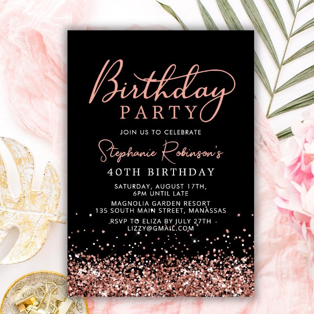 Invitación Elegante Rosa Purpurina de oro negro 40 cumpleaños (Subido por el creador)