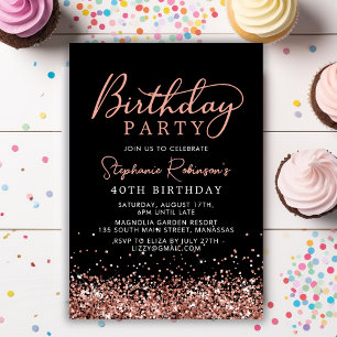 Invitación Elegante Rosa Purpurina de oro negro 40 cumpleaños