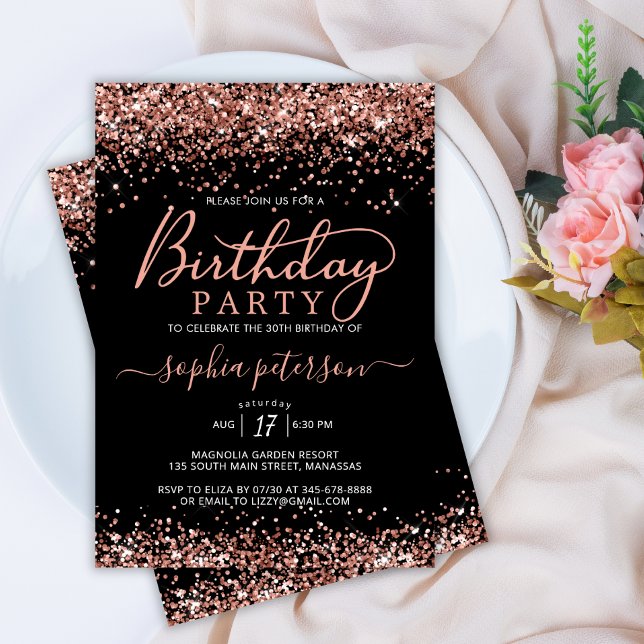 Invitación Elegante Rosa Purpurina de oro negro cualquier cum (Subido por el creador)