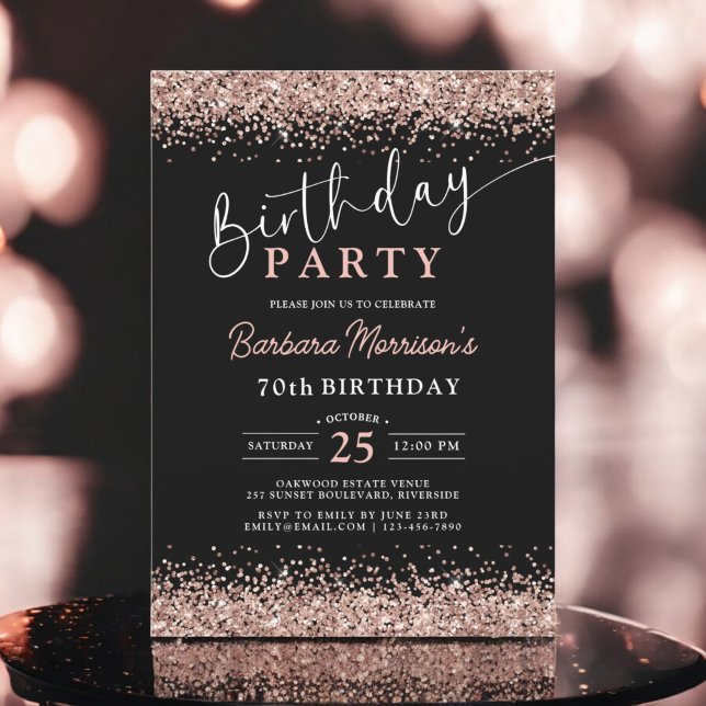 Invitación Elegante Rosa Purpurina de oro negro cualquier cum (Subido por el creador)