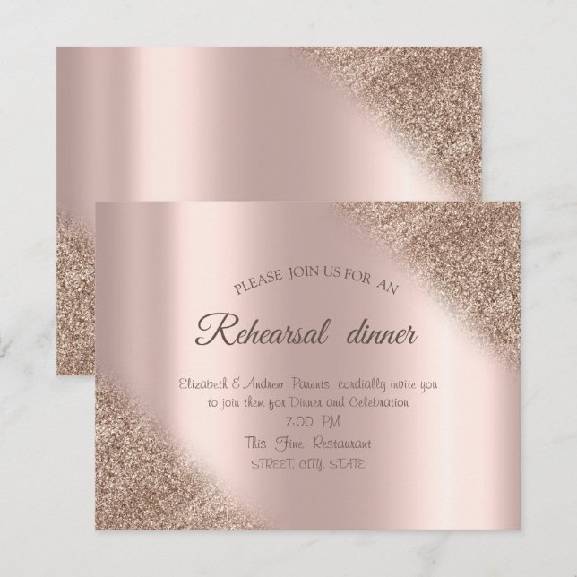 Invitación Elegante Rosa Purpurina de oro Ombre Ensayo Cena (Anverso / Reverso)