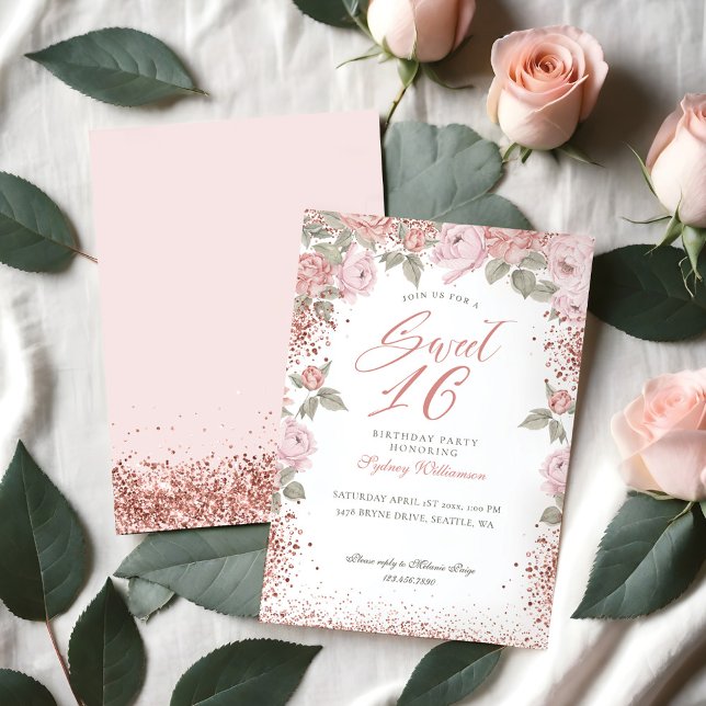 Invitación Elegante Rosa Purpurina de oro Peony Florals Sweet (Elegant Rose Gold Glitter Peony Florals Sweet 16 Invitation)