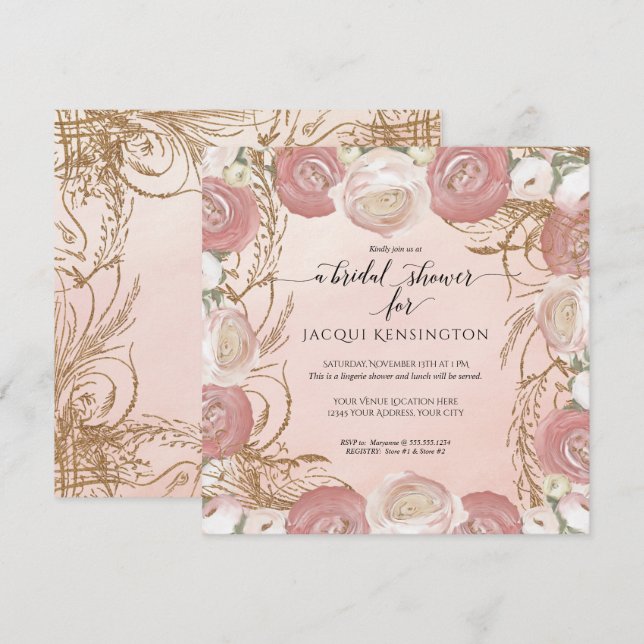 Invitación Elegante Rosa Purpurina de oro pintado de novia fl (Anverso / Reverso)