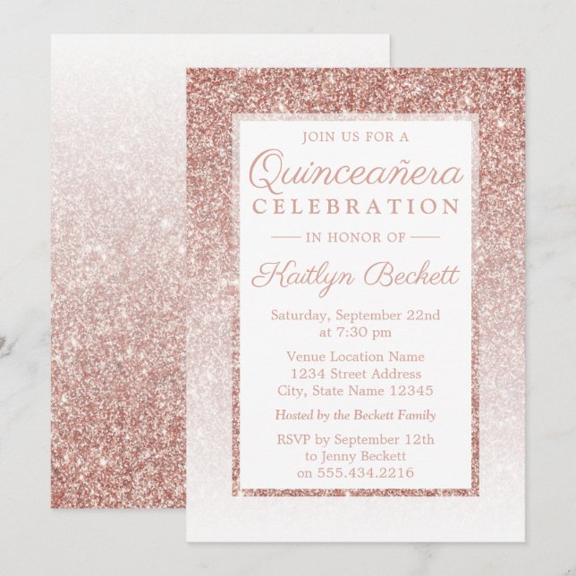 Invitación Elegante Rosa Purpurina de Oro Quinceañera Cumplea (Anverso / Reverso)