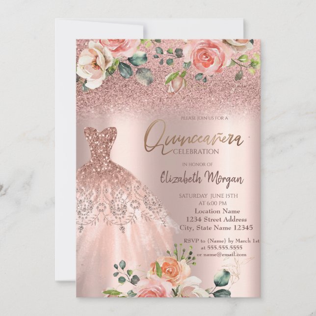 Invitación Elegante Rosa Purpurina de oro Rosas de vestir Qui (Anverso)