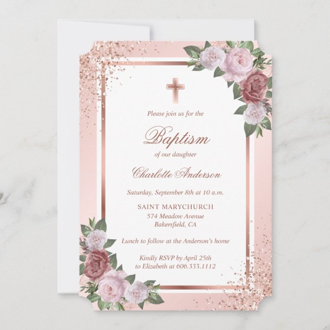 Invitación Elegante Rosa Purpurina de oro Rubor Bautismo Chic (Anverso)