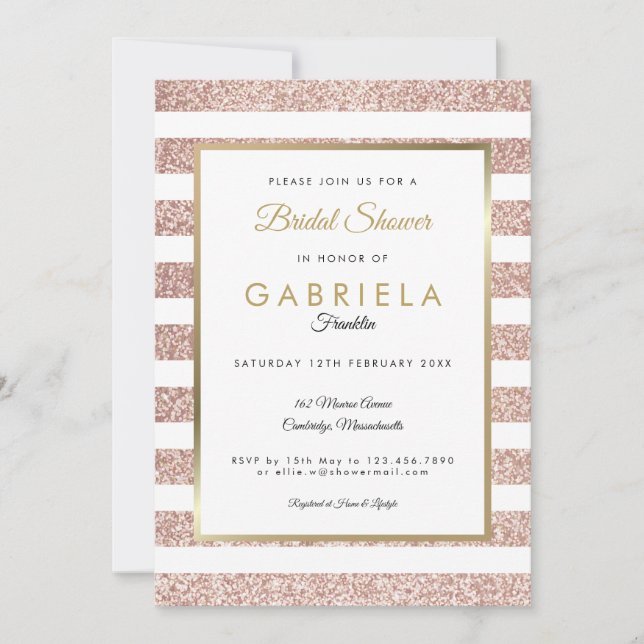 Invitación Elegante Rosa Purpurina de oro Stripe Bridal Showe (Anverso)