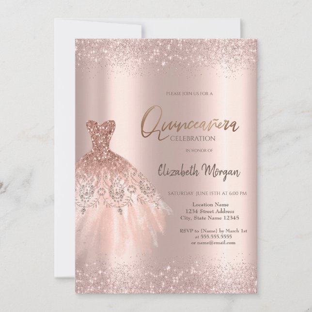 Invitación Elegante Rosa Purpurina de oro vestido Dusty Quinc (Anverso)