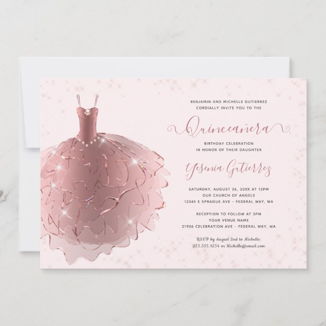 Invitación Elegante Rosa Purpurina de oro vestido Quinceañera (Anverso)