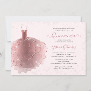 Invitación Elegante Rosa Purpurina de oro vestido Quinceañera