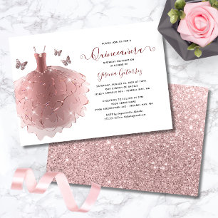 Invitación Elegante Rosa Purpurina de oro vestido Quinceañera