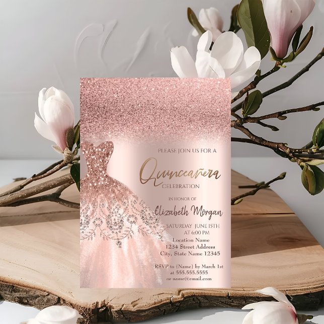 Invitación Elegante Rosa Purpurina de oro vestido Quinceañera (Subido por el creador)