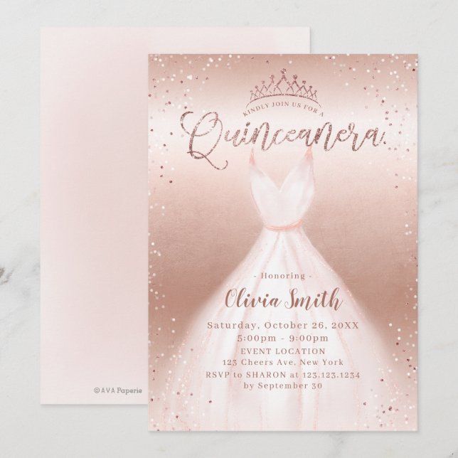 Invitación Elegante rosa purpurina de oro vestido rosa quince (Anverso / Reverso)