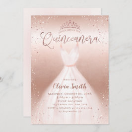 Invitación Elegante rosa purpurina de oro vestido rosa quince