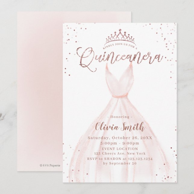 Invitación Elegante rosa purpurina de oro vestido rosa quince (Anverso / Reverso)