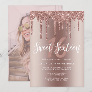 Invitación Elegante rosa purpurina dorado gotea dulce diecisé