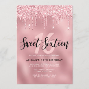 Invitación Elegante rosa purpurina dorado gotea dulce diecisé