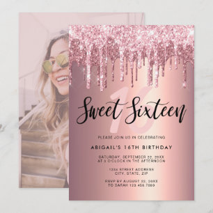 Invitación Elegante rosa purpurina dorado gotea dulce diecisé