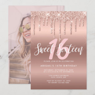 Invitación Elegante rosa purpurina dorado gotea dulce diecisé