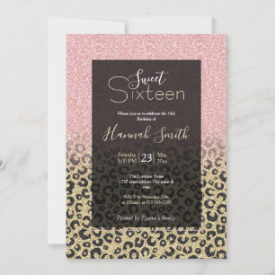Invitación Elegante Rosa Purpurina dorado Leopardo negro