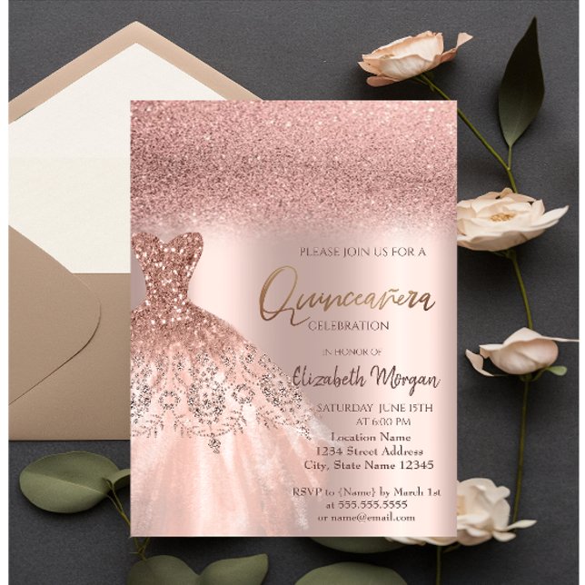 Invitación Elegante Rosa Purpurina Dorado Vestido Quinceañera (Subido por el creador)