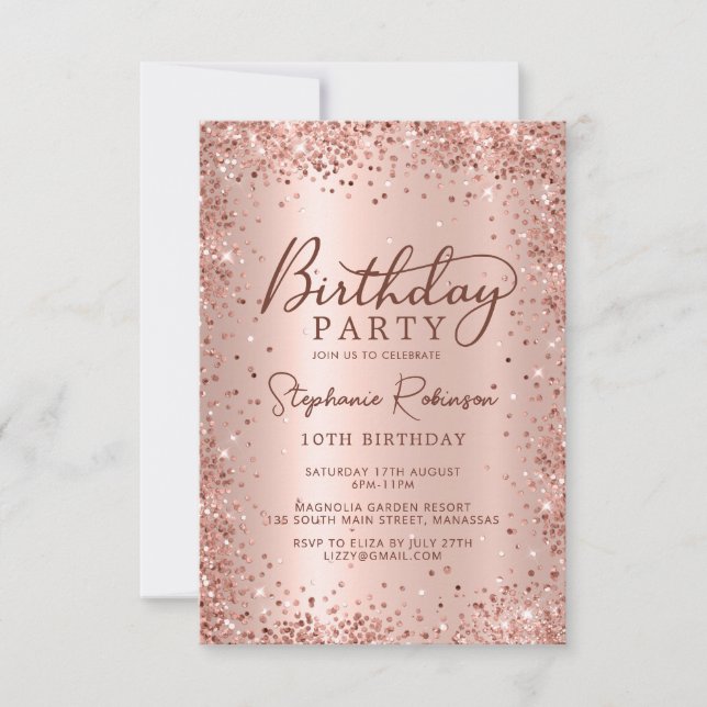 Invitación Elegante Rosa Purpurina Metálico Oro 10 cumpleaños (Anverso)