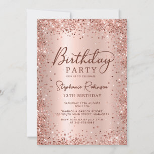 Invitación Elegante Rosa Purpurina Metálico Oro 13 cumpleaños