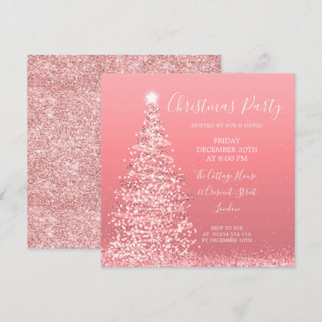 Invitación Elegante Rosa Purpurina Navidad de árbol de oro Fi (Anverso / Reverso)