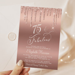 Invitación Elegante Rosa Purpurina Oro 75 cumpleaños