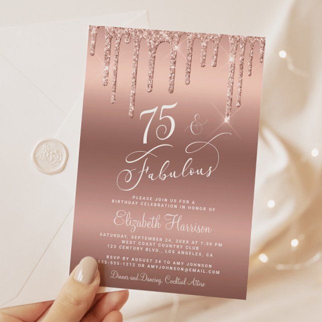 Invitación Elegante Rosa Purpurina Oro 75 cumpleaños (Celebrate her 75 years of sparkle with an elegant rose gold glitter birthday party invitation)