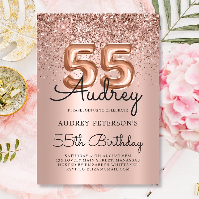 Invitación Elegante Rosa Purpurina Oro Balón 55º cumpleaños (Subido por el creador)