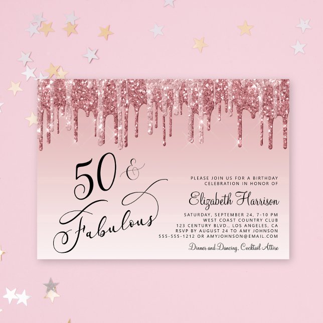 Invitación Elegante Rosa Purpurina Rosa de Oro 50 cumpleaños (Celebrate her 50 years of sparkle with an elegant pink glitter birthday party invitation  🎉 🎂 🥂)