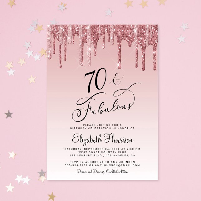 Invitación Elegante Rosa Purpurina Rosa de Oro 70 cumpleaños (Subido por el creador)