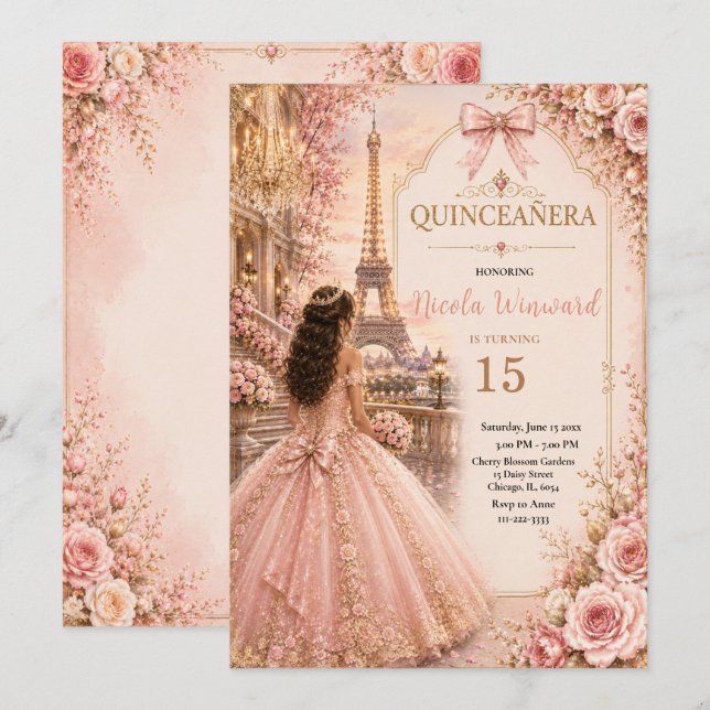 Invitación Elegante Rosa Quinceañera (Anverso / Reverso)