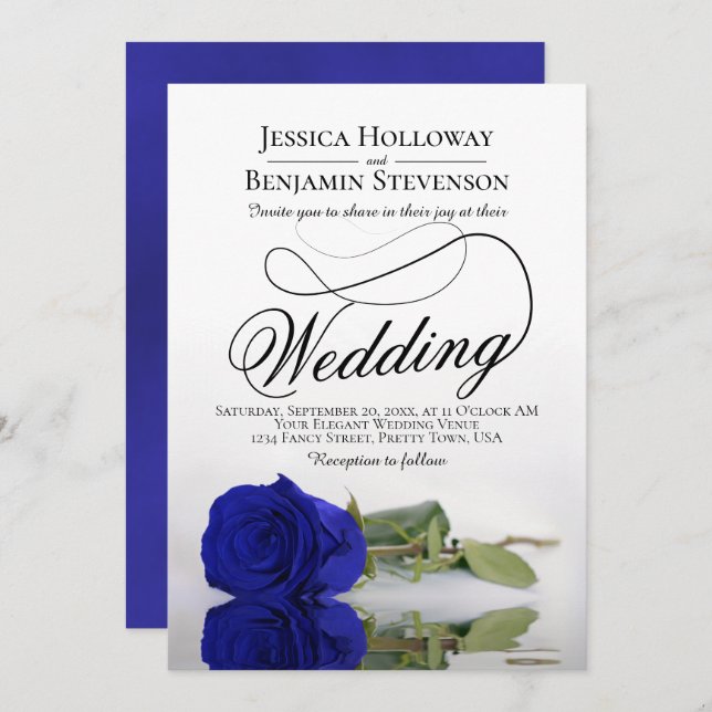 Invitación Elegante Rosa Real Azul  Boda de escritura elegant (Anverso / Reverso)