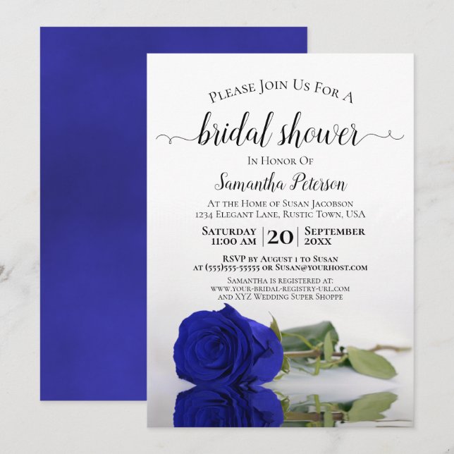Invitación Elegante Rosa Real Azul Romántico Ducha Bridal (Anverso / Reverso)