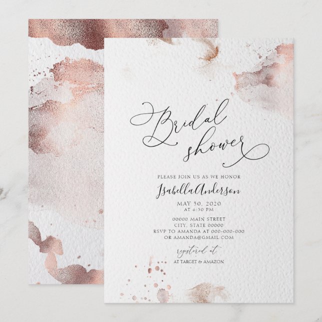 Invitación Elegante Rosa Relieve metalizado dorado Purpurina  (Anverso / Reverso)