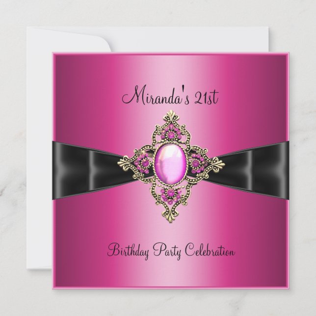 Invitación Elegante Rosa Rico Joya Cumpleaños Negro 21 (Anverso)