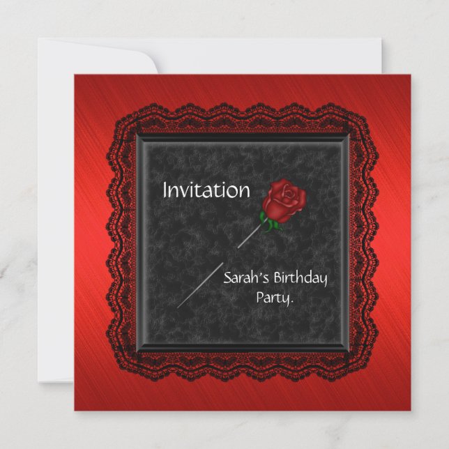 Invitación Elegante Rosa Roja Encaje Negro (Anverso)