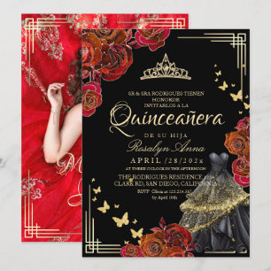 Invitación Elegante Rosa Roja Mariposa de Oro Quinceañera