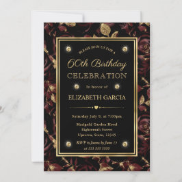 Invitación Elegante Rosa Roja y Dorada Floral 60 Cumpleaños