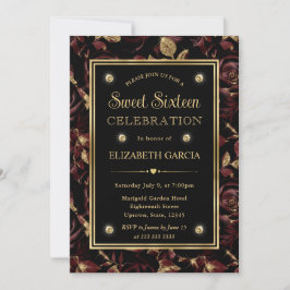 Invitación Elegante Rosa Roja y Dorada Floral Cumpleaños 16