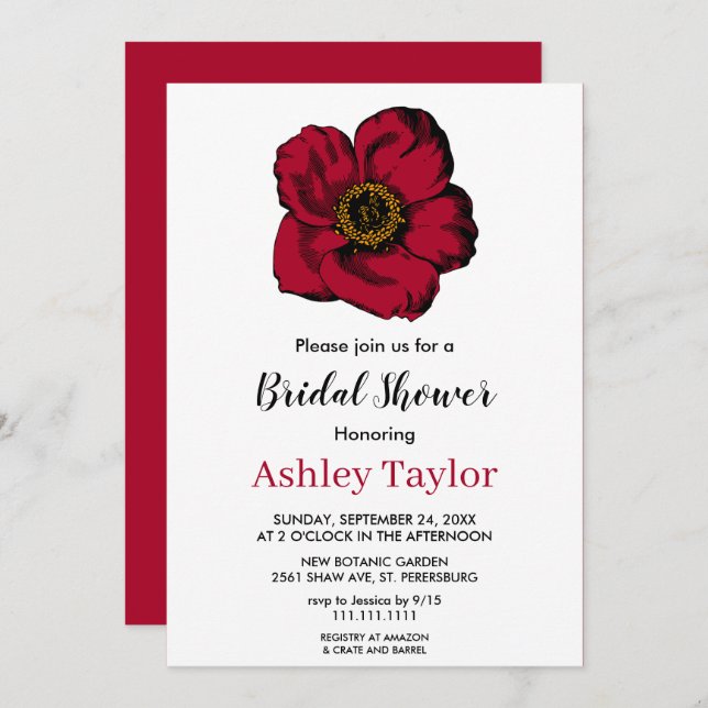 Invitación Elegante rosa rojo burdeos floral Bridal Shower (Anverso / Reverso)