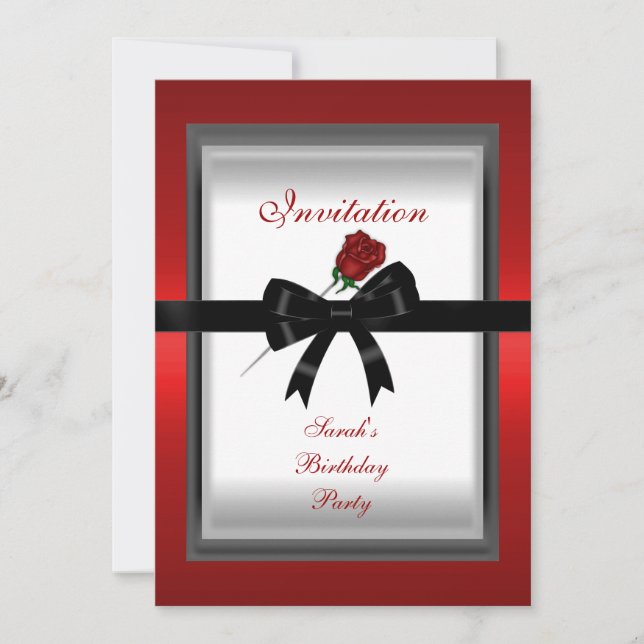 Invitación Elegante Rosa Rojo Cinta Negro Bow 3 (Anverso)